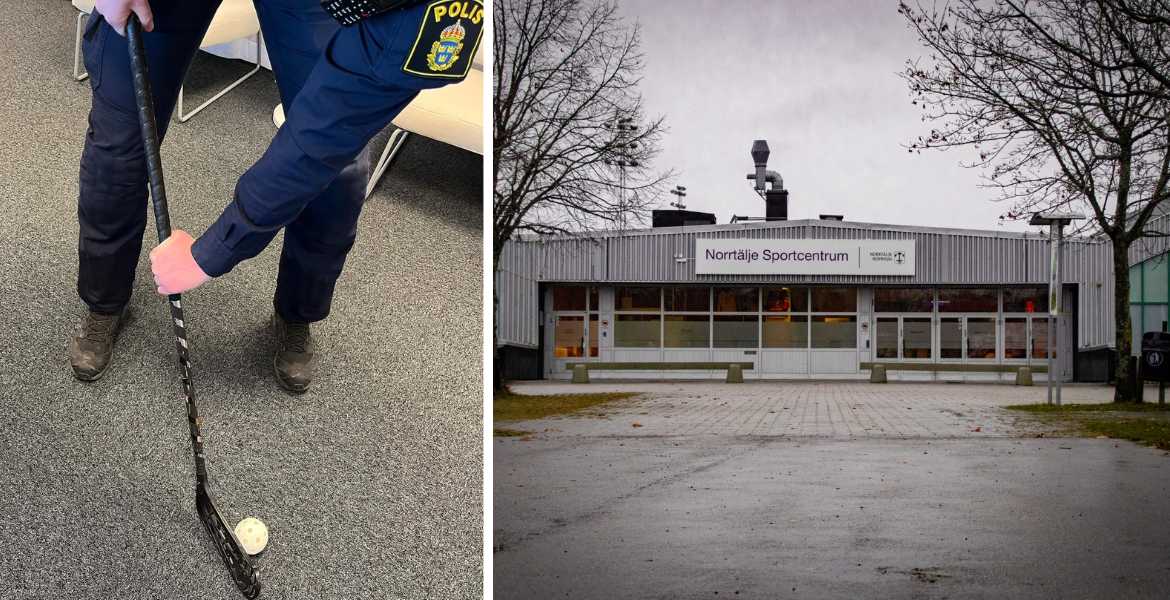 Bild på Sportcentrum i Norrtälje och en polis som håller i en bandyklubba.