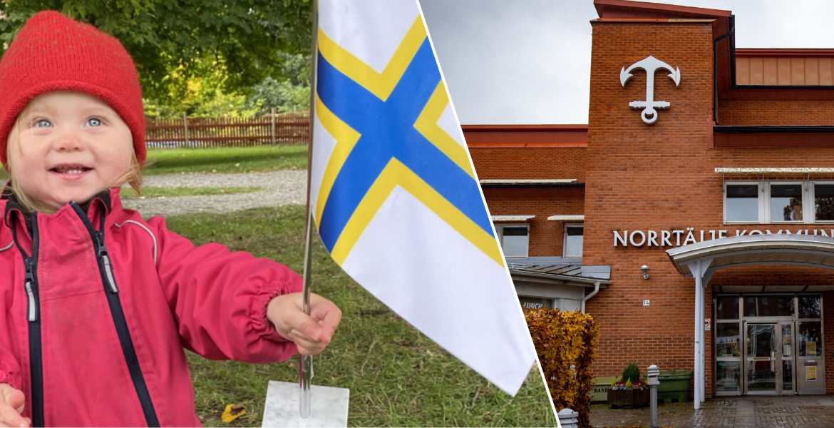 Foto på Norrtäljes kommunhus och sverigefinnarnas flagga som hålls av ett barn.