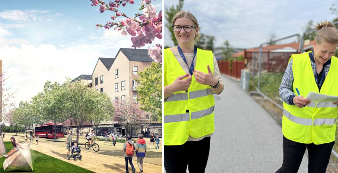 Norra Bryggårdsgärdet i Norrtälje bredvid två projektledare i varselvästar.