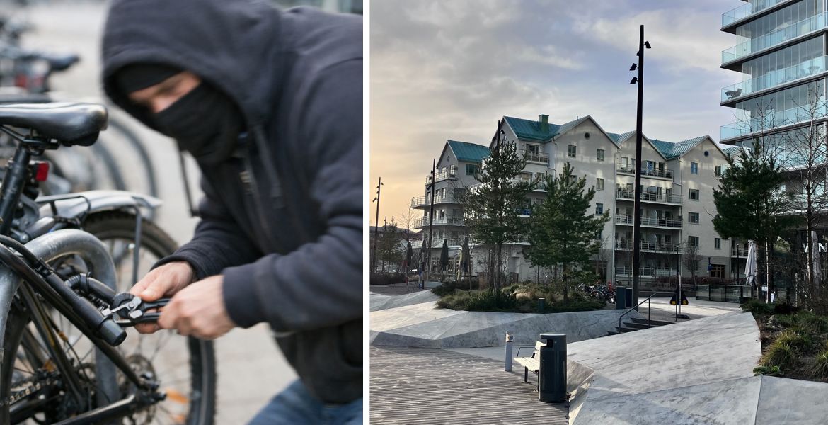 Montagevild av en tjuv försöker bryta upp ett cykellås, sammansatt med en bild på Norrtäljes hamn.
