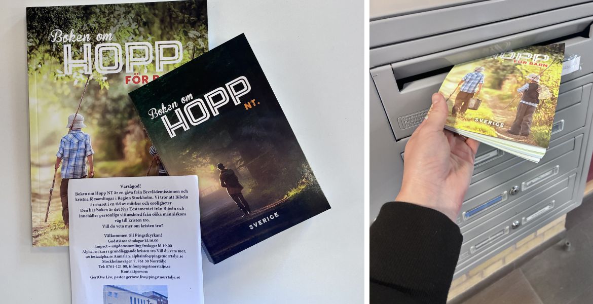 En hand som lägger en bibel i en brevlåda