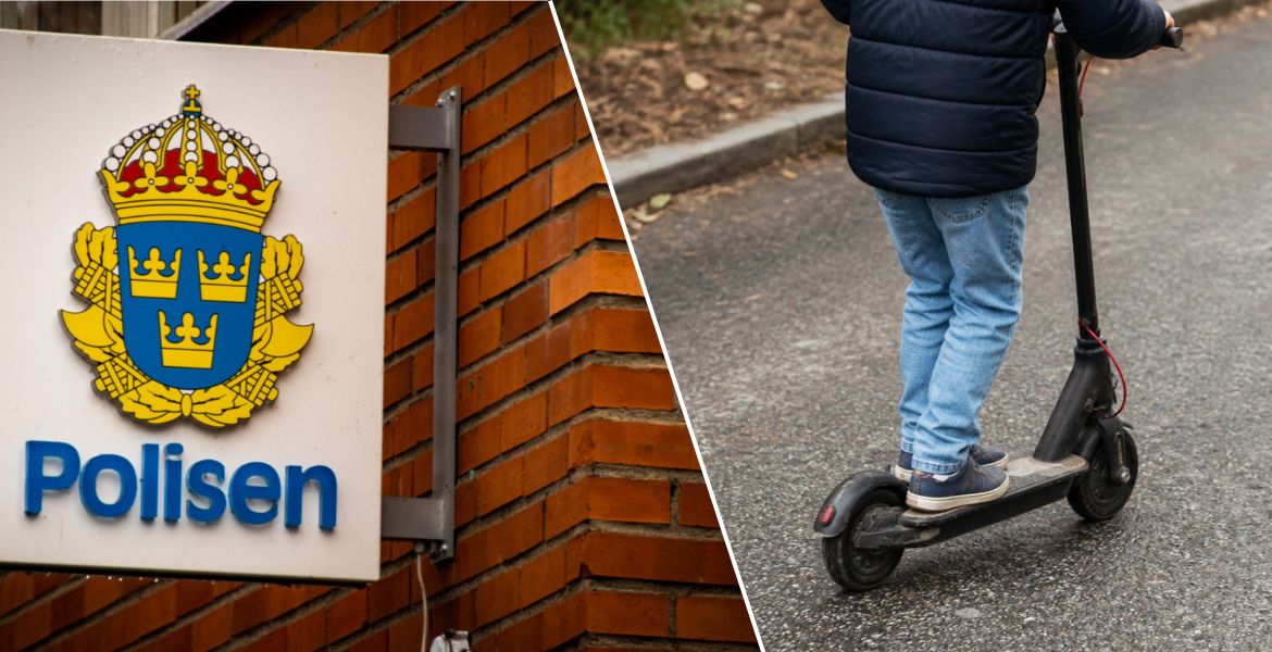 Polishuset i Norrtälje sammansatt med ett barn på en elsparkcykel.