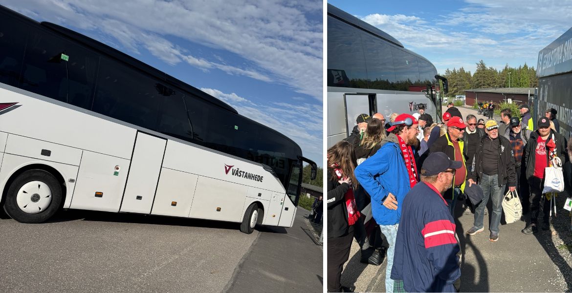 Bild på en buss bredvid supportrar.