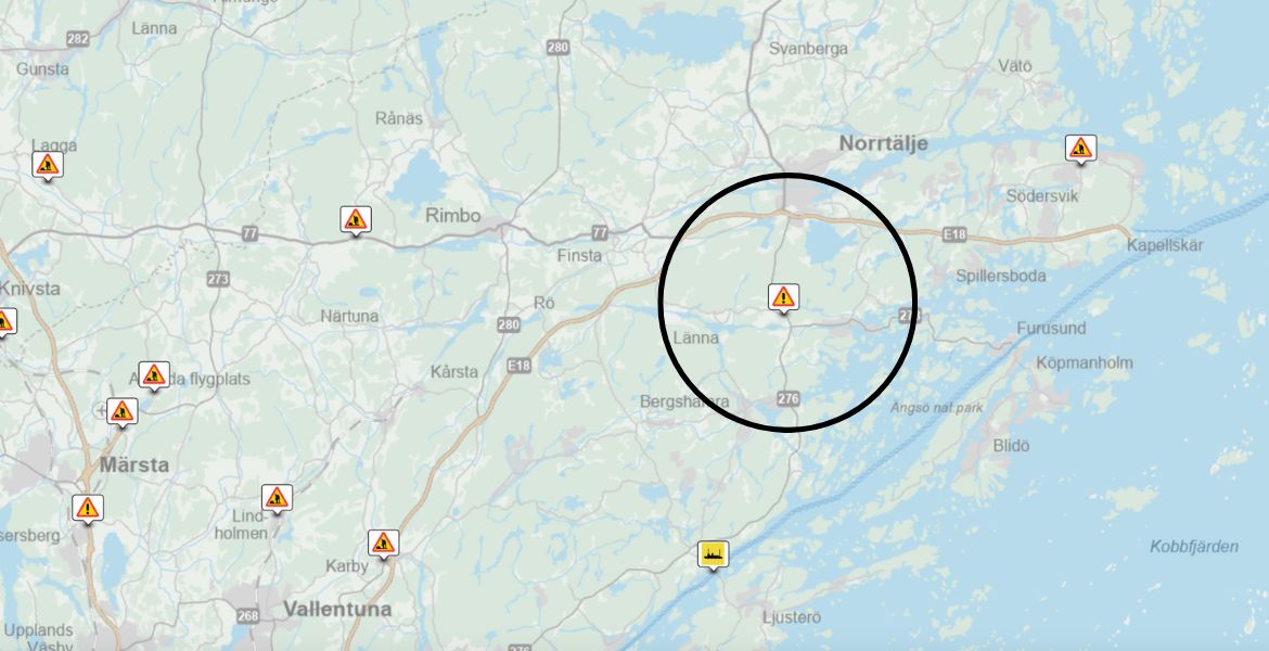 Karta från Trafikverket över olycka.
